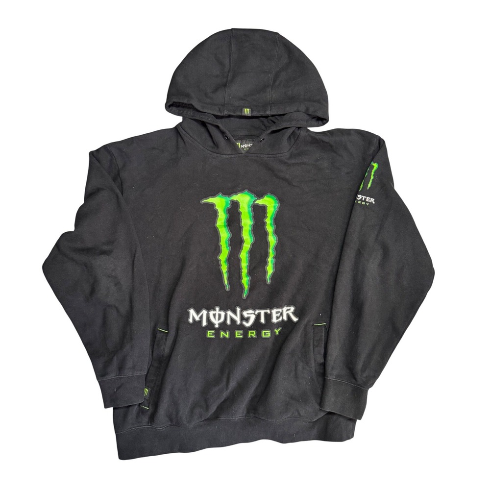 Monster Energy Mens Black Pullover Hoodie Sweatshirt Green Claw Logo Size Large